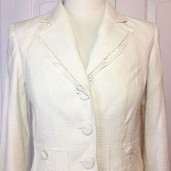 David Meister Cream Tweed Crochet Trim Blazer Size 4 - Picture 3 of 11